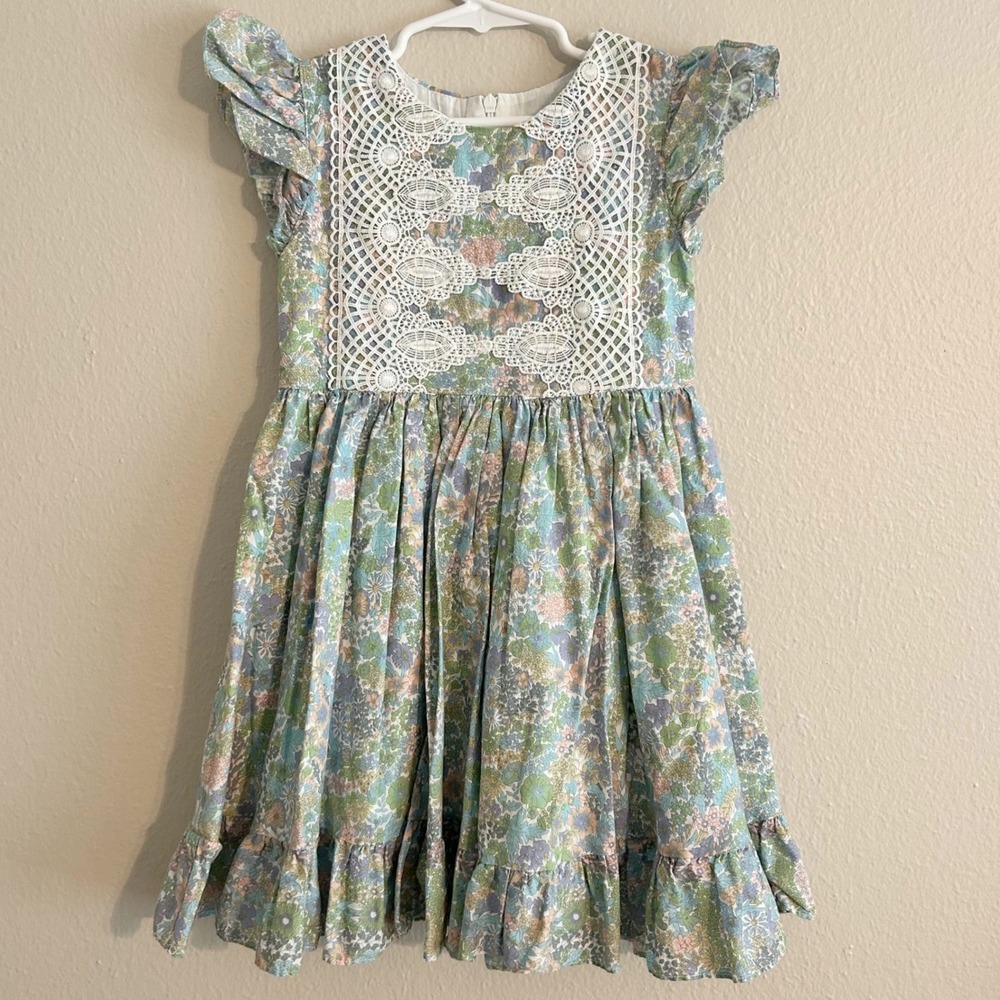 Only Little Once Floral Dress 6 Blue Green Lace Bib Flutter Sleeve Garden Party
